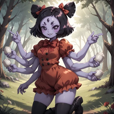 score_9, score_8, BREAK, solo, Muffet_(Undertale), solo, anthro, (((six arms))), lavender skin, lavender skin female, five eyes, twin pigtails, white fangs, red ribbons, red rompers with buttons, long black boots, self portrait, smile, looking at viewer, outdoors, sunlight, shadows, evening lighting, natural lighting, forest, trees, grass, orange sky, sunset