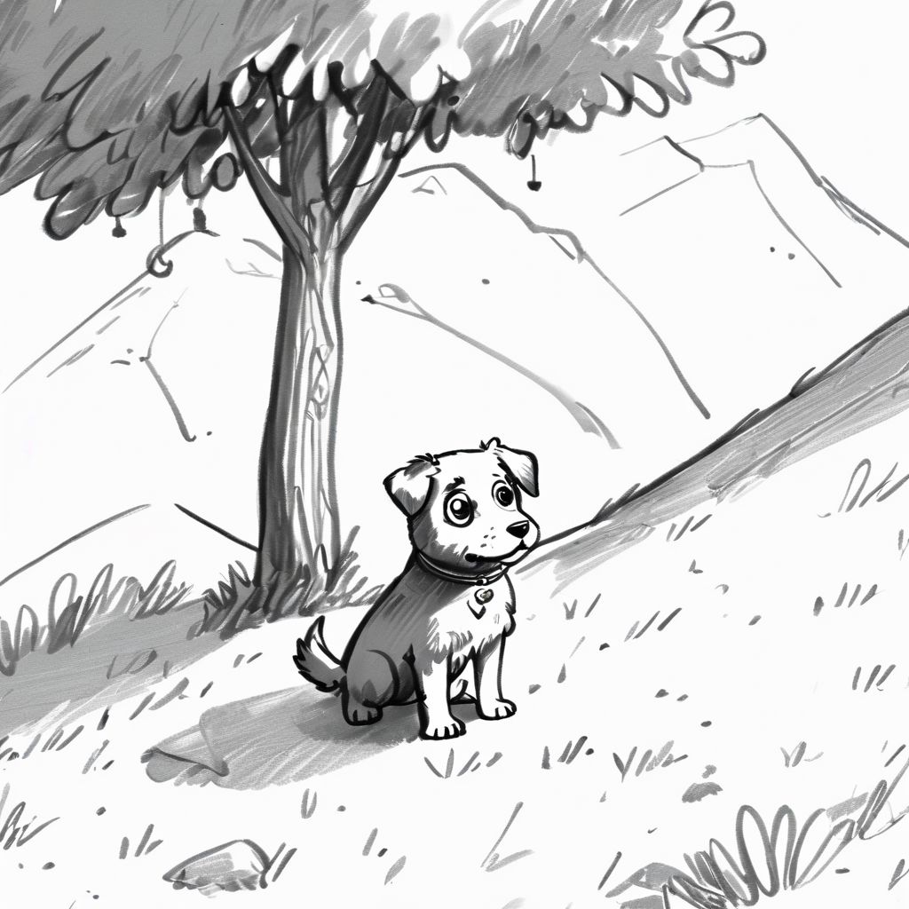 Puppy painting under the tree at the top of the mountain. lora: The simplest :1.0> , very detailed, 8k, sharp, professional, clear, high contrast, crystal clear