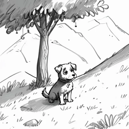 Puppy painting under the tree at the top of the mountain. lora: The simplest :1.0> , very detailed, 8k, sharp, professional, clear, high contrast, crystal clear
