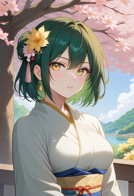 Masterpiece, High quality, OC, Female Adult woman, 1girl, solo, short dark green hair styled in a chignon positioned higher on the back of her head, golden hair ornament, golden flower on left side of head, golden beaded cords, white kimono with green floral patterns, long sleeves, green capes on back, dark green eyeshadow extending beyond eyelids, golden yellow eyes, serious facial expression, Japanese garden background with pink cherry blossom trees and traditional palace