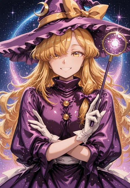 Marisa98, 1girl, solo, yellow eyes, blonde hair hair, long hair, hair over one eye, sidelocks, small breasts, witch hat, purple hat, frilled hat, hat bow, yellow bow, hat ornament, crescent hat ornament, hair ribbon, purple ribbon, purple turtleneck, purple dress, frilled skirt, puffy long sleeves, yellow buttons, white gloves, white sash, glossy hair, glossy lips, >:d, holding wand, outstretched crossed arms, sparkles, stars, upper body, close-up, portrait, facing viewer, ambient light, soft shadows, vivid, perspective, masterpiece, best quality, amazing quality, intricate detail, highly detailed, newest, highres, 8K, HDR, best quality, absurdres, high quality, dynamic composition, vibrant colors, foreshortening, glamour shot, lazypos, lgts style
