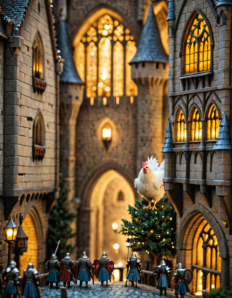 <lora:MW_Minis02xlc:1> absurdres, arches, bokeh, claws, closeup, epic, epic details, epic scale, fantasy, illuminated windows, lights, m1md, medieval, medieval buildings, medieval city, on a bridge from side, tiny knights, tiny knights army, tree, huge white chicken,