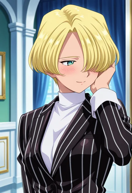indoor, mansion, offering hand, hand on hair, looking away, light smile, shy, blush, blurry background,
cowboy, 
BREAK,
<lora:tachibanamaria_illustriousXL_v01:0.9>
mariadef, blonde hair, hair over eye, short hair, 
suit, turtleneck, white turtle neck, stripped suit, black suit,  pinstripe suit,, source_anime, very aesthetic, anime coloring, masterpiece, 
best quality, amazing quality, ultra detailed, very aesthetic, 
detailed background, 
BREAK,
