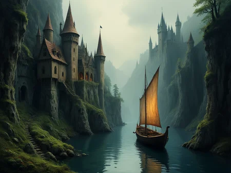A mystical boat, in a deep ravine, sailing past a rustic castle.
<lora:Aeristhal01_CE_XL_200-OT:0.6> aersthlCE_style