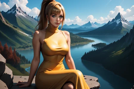 score_9, score_8_up, score_7_up, masterpiece, high quality, realistic, 
<lora:Samus AranPonyLora:1> 1girl, long hair, ponytail, bangs, turtleneck, yellowdress, sitting on a cliff, mountains and river an background