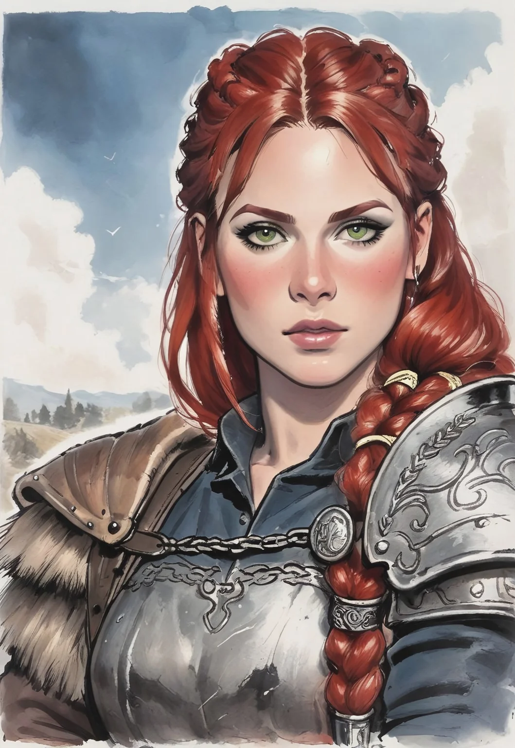 safe_pos, score_9, score_8_up, score_7_up, 1girl, solo,
Viking warrior, intricate chainmail armor with leather accents and Norse runes, ancient battle axe with a polished wooden handle and a gleaming steel blade, long braided red hair adorned with bronze beads, realistic, cinematic angle, cinematic lighting, muscular body, fierce face, piercing green eyes, battle-ready pose
BREAK
standing on a rugged coastal cliff
BREAK
source_Viking_art, rating_explicit, expressive, dynamic pose
BREAK
detailed beautiful background, dramatic coastal landscape with towering cliffs and crashing waves, ancient Viking longships on the horizon, rugged terrain with rocky outcrops and wild grasses, distant mountains with snow-capped peaks, epic atmosphere with a sense of adventure and danger <lora:Expressive_H:0.6> Expressiveh, (SimplepositiveXLv1:1.3),
(((upper body, full clothed:1.85))) ((masterpiece)) (ultra realistic, 32k, masterpiece:1.2), (high detailed skin:1.1), (high quality:1.1) (((full clothed))), (8k uhd:1,4) <lora:DandonFuga_Style_v.2_-_Pony:0.8>
<lora:add-detail-xl:1>
<lora:Dynamic Poses:1>