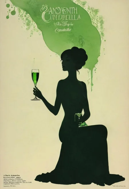 Art nouveau Absinth Advertisement, Czech fairy tale films, Old movie Style, 1970 czech, Three Wishes for Cinderella (1973), sideview, Silhouette, Text="Absinth", 
Vintage Burlesque Showgirl Sitting in huge luminous Green champagne glass,
, very Detailed, awesome Quality, reflecting, luminescent, translucent, Ethereal, Aura, Natural busty woman with freckles, smiling, without make-up, underboob, puffy nipples, giga_busty, 80s DARK dystopian Blade Runner Flair, dynamic Scene, very detailed, uhd, masterpiece, White smoke, light beams through smoke,