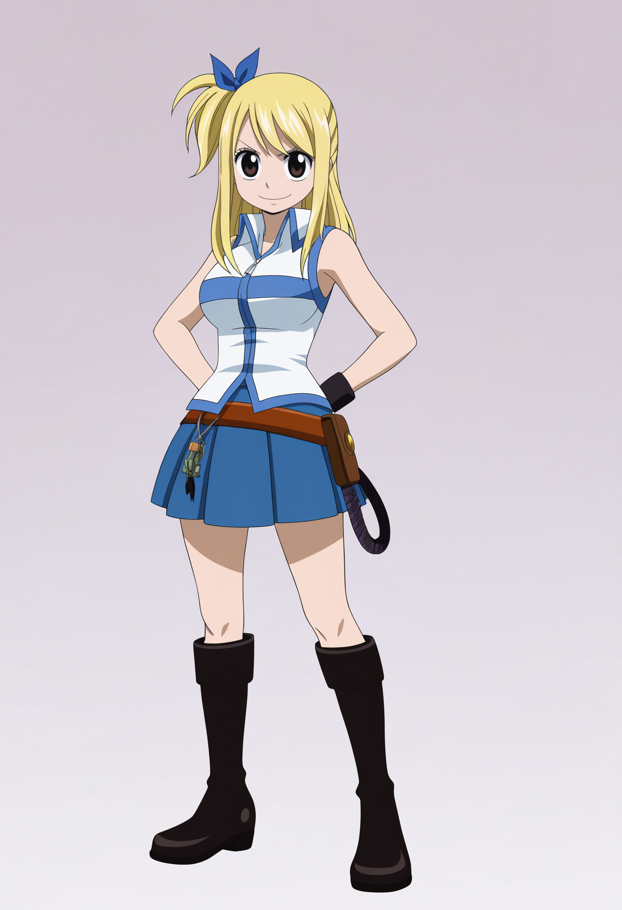 best quality, amazing quality, very aesthetic, absurdres,
1girl, lucy heartfilia, blonde hair, one side up, side ponytail, long hair, brown eyes, hair ribbon,
sleeveless, belt, miniskirt, blue skirt, pleated skirt, knee boots,
full body, standing, hands on hips,
smile, solo, looking at viewer, (simple background, white background:1.3), <lora:LucyNoobXL_byKonan:1>