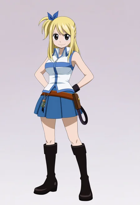 best quality, amazing quality, very aesthetic, absurdres,
1girl, lucy heartfilia, blonde hair, one side up, side ponytail, long hair, brown eyes, hair ribbon,
sleeveless, belt, miniskirt, blue skirt, pleated skirt, knee boots,
full body, standing, hands on hips,
smile, solo, looking at viewer, (simple background, white background:1.3), <lora:LucyNoobXL_byKonan:1>
