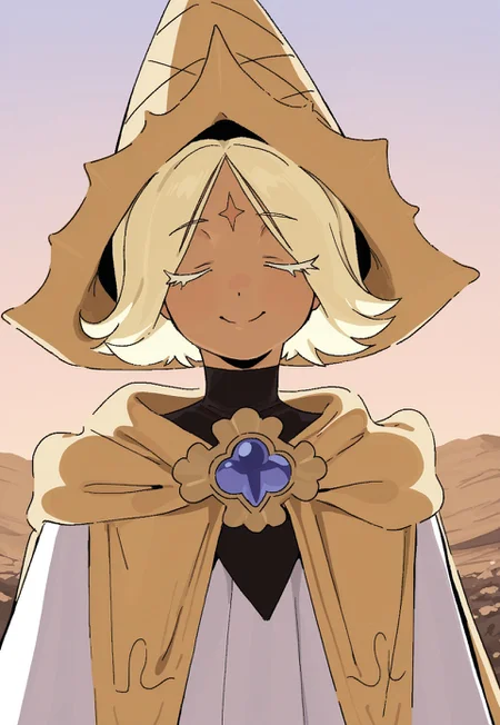whoopsatr, anime, masterpiece, best quality, detailed background, 8k, 1boy, solo, pure vanilla cookie, tan skin, blonde hair, short hair, parted bangs, white eyelashes, forehead marking, hat, cone hat, yellow cloak, brooch, white robe, standing, outdoors, beautiful sky, face close-up, smile, closed eyes, half body, staring at viewer, no pose,