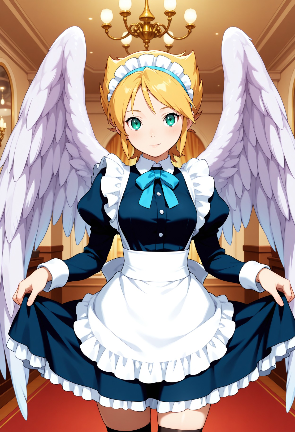 best quality, masterpiece, 1girl, aanina, short hair, blonde hair, blue hairband, green eyes, feathered wings, <lora:nina_(bof1)_ilxl_v1:0.9>, indoors, chandelier, standing, cowboy shot, maid, maid headdress, skirt hold, curtsey, zettai ryouiki,