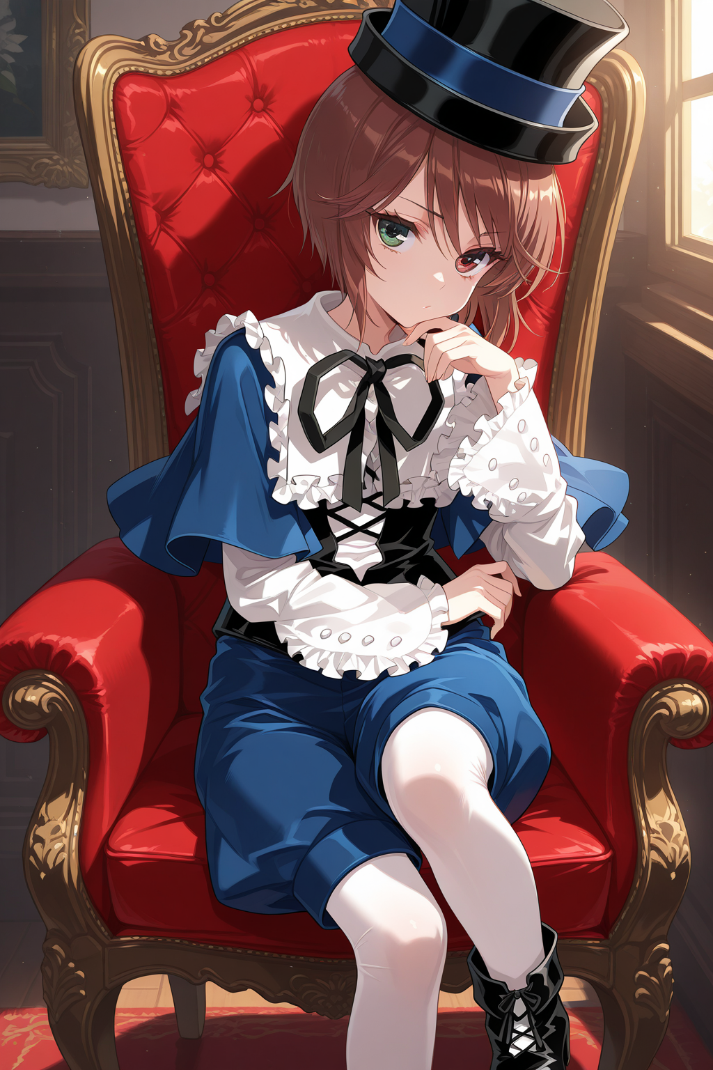 1girl, SouseisekiRozenMaiden, 
general, solo, half body,
eyelashes,
top hat, kodona,
frilled shirt collar, neck ribbon, blue capelet,
white shirt, long sleeves,
black corset,
blue shorts, white pantyhose, black footwear, 
sitting, hand on own chin,
indoors, gothic, chair,
<lora:kp_SouseisekiRozenMaidenIllustrious_v1_0:1.0>,
masterpiece, best quality, amazing quality