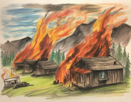 A harrowing scene of a forest fire in the deep mountains, engulfing a few wooden cabins, depicted as a hellish inferno. The fire rages with towering flames, thick smoke, and glowing embers, consuming trees, bushes, and the wooden cabins. The perspective might include a terrified observer or wildlife fleeing the scene, adding to the chaos and urgency. The scene should be as vivid and detailed as a high-resolution painting or illustration, with harsh and dramatic lighting that emphasizes the destructive power of the fire, the heat, and the apocalyptic atmosphere. The wooden cabins should be detailed, showing signs of burning and distress, <lora:crayons_v1_sdxl:0.85>