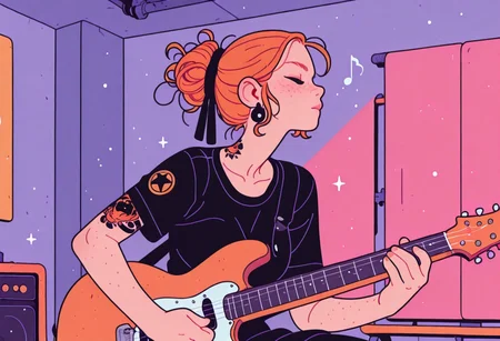 flat_colors, Flatline, Flat vector illustration,
dynamic pose,

1girl, solo,
guitar,
music,
freckles,
ginger hair, punk hairstyle,
shoulder tattoo,

inside,
music concert,
incoth, (incase:0.6), artist:moriimee,