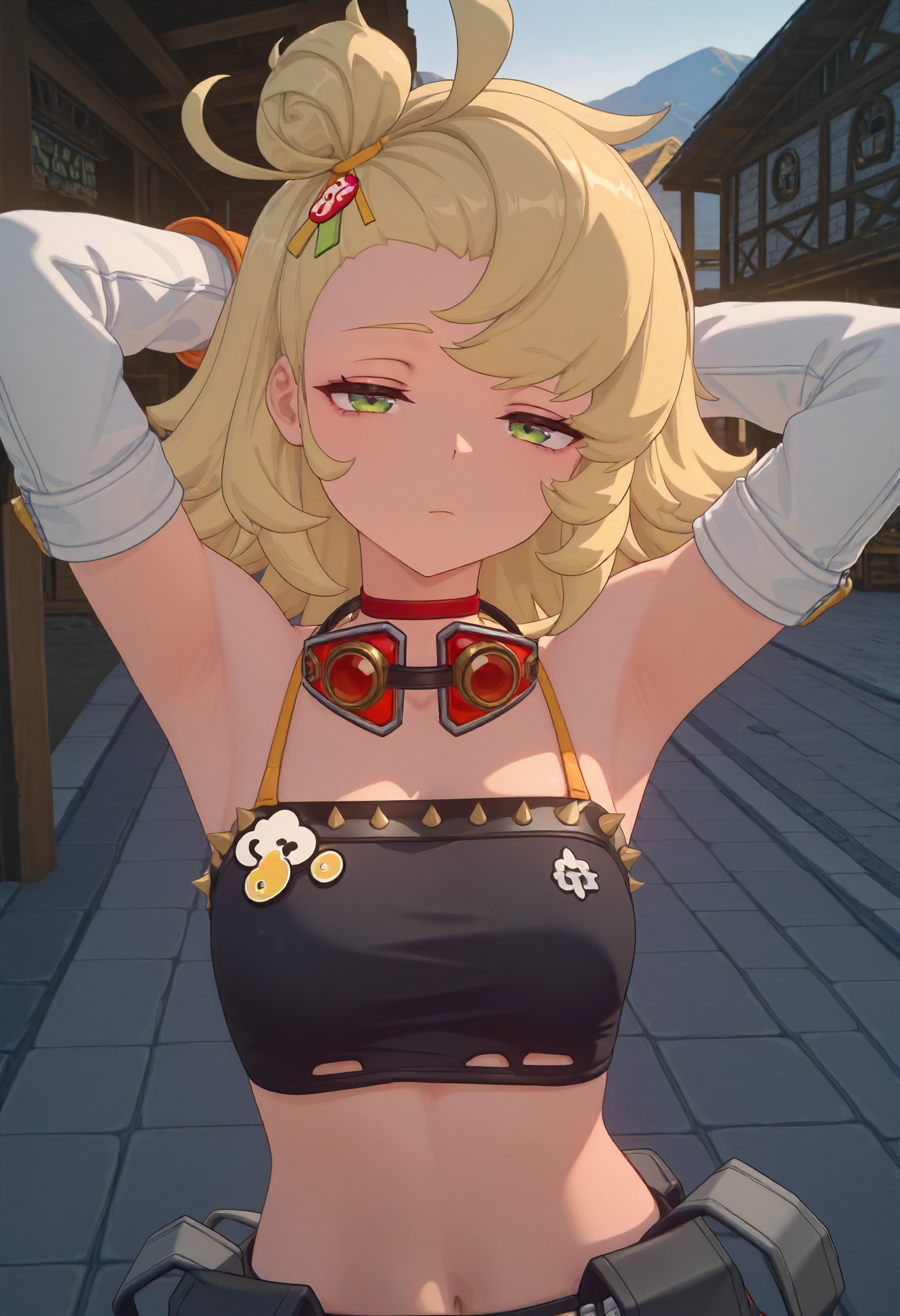masterpiece, best quality, amazing quality, very aesthetic, absurdres, newest, scenery, volumetric lighting, perfect eyes, ultra detailed,
1girl, Piper Wheel, solo, blonde hair, ahoge, messy hair, hair bun, green eyes, 
black crop top, detached sleeves, shoulder cut, white sleeves, orange gloves, midriff, navel, black shorts, detached pant legs, red pant legs, thighs, belts, goggles around neck,
standing, looking at viewer, hands behind head,  half-closed eyes, bored face, closeup, face closeup, portrait,
village, detailed background, backlighting,
<lora:Piper_Wheel_-_Zenless_Zone_Zero_ZZZ__Illustrious:1>
masterpiece, best quality, amazing quality, very aesthetic, absurdres, newest, scenery, volumetric lighting, perfect eyes, ultra detailed,