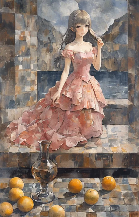masterpiece,best quality,<lora:tbh215-sdxl:0.9>,illustration,style of Georges Braque portrait of idolmaster cinderella girls,