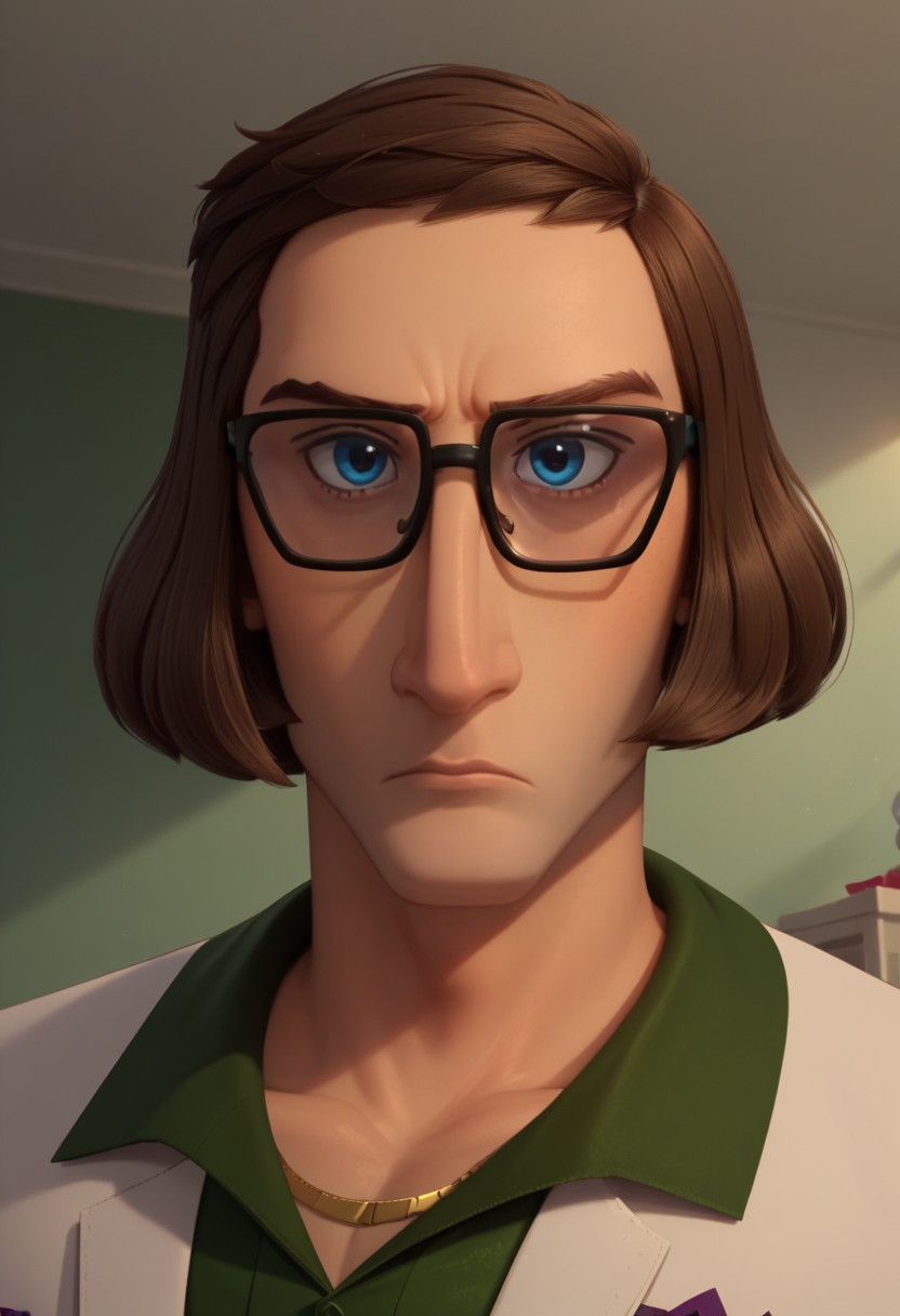 ((bedroom background)),score_9, score_8_up, score_7_up,score_6_up, 
1boy, solo, SuperScott_HI, light skin, blue eyes, dark brown hair, long-haired bob-cut, glasses, dark brown eyebrows, white blazzer, patterned dark green shirt, formal white pants, purple napkin in blazzer pocket, gold watch on arm, formal black shoes, expression serious, upset, big eyes, close-up, face photo, perfect eyes, looking at the viewer, wide shoulders, broad chest, defined arms, tall stature