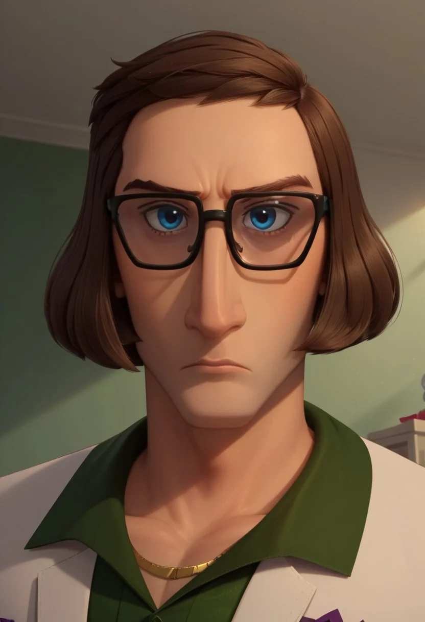 ((bedroom background)),score_9, score_8_up, score_7_up,score_6_up,
1boy, solo, SuperScott_HI, light skin, blue eyes, dark brown hair, long-haired bob-cut, glasses, dark brown eyebrows, white blazzer, patterned dark green shirt, formal white pants, purple napkin in blazzer pocket, gold watch on arm, formal black shoes, expression serious, upset, big eyes, close-up, face photo, perfect eyes, looking at the viewer, wide shoulders, broad chest, defined arms, tall stature