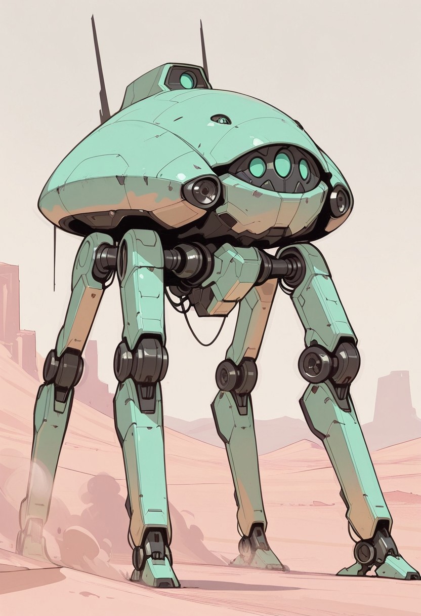 (concept art:1.5), mecha, military mecha, animal robot, non-humanoid robot, four legs, wires, single eyes, solo, dust, mist, desert