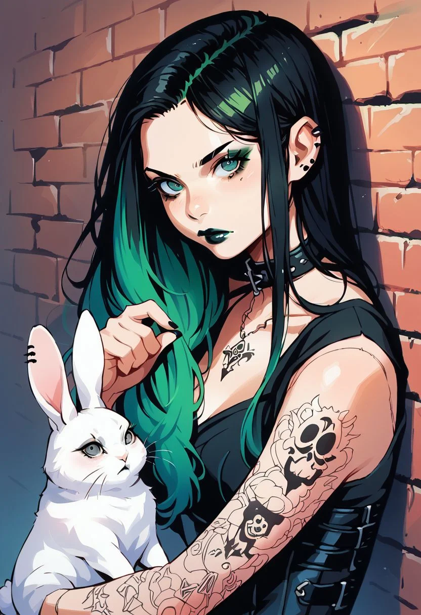 score_9, score_8_up, score_7_up, score_6_up, source_anime, p3tl0v3, 1girl, goth girl, black hair, multi colored hair, green hair streaks, long hair, green eye shadow, black lipstick, tattoos, goth dress, corset, white rabbit,1ly4, holding pet, bored expression, looking at viewer, traditional painting, realistic, brick wall,