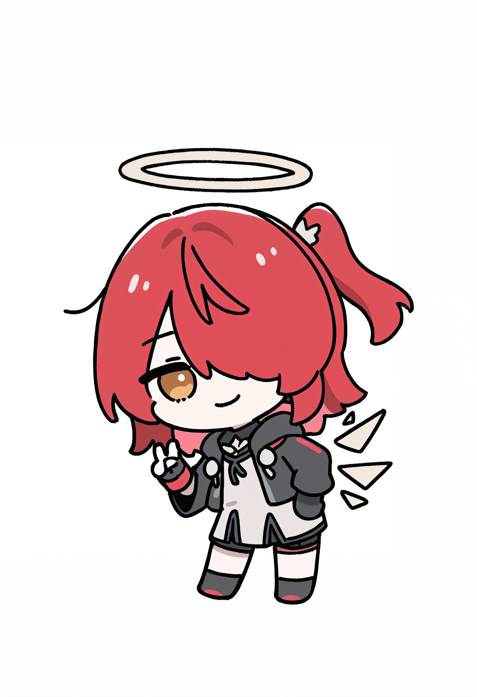 Exusiai the New Covenant, open jacket, one side up, 1girl, solo, white background, simple background, looking at viewer, smile, v, closed mouth, cloak,Chibi,masterpiece,best quality,newest,absurdres,highres,very awa, <lora:None:1.0> <lora:Exusiai_the_New_Covenant_r1-000012:1.0000000000000002> <lora:DorkDragoon:1.0>