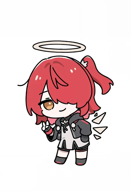 Exusiai the New Covenant, open jacket, one side up, 1girl, solo, white background, simple background, looking at viewer, smile, v, closed mouth, cloak,Chibi,masterpiece,best quality,newest,absurdres,highres,very awa, <lora:None:1.0> <lora:Exusiai_the_New_Covenant_r1-000012:1.0000000000000002> <lora:DorkDragoon:1.0>