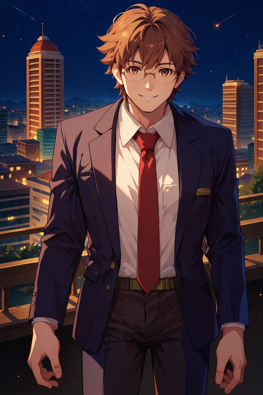 score_9, score_8_up, score_7_up, score_6_up, source_anime, 1boy, male focus, <lora:lloydbannings-pdxl-nvwls-v1:1> trailslloyd, brown hair, brown eyes, black suit, white shirt, collared shirt, formal, black pants, red necktie, smile, glasses, looking at you, night, city, standing