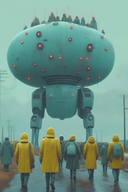 <lora:Simon Stalenhag:1>Simon Stalenhag - cinematic view photorealistic, close up of group of futuristic decadent pilgrims, hyper realistic. of a beautiful scene illustration in the style of simon Stälenhag transformed into a film in the style of denis villeneuve, lots of buildings in the background, surrealist nordik photography, portrait and wide shots, beautiful lands gigantic megastructures in a bit of fog far away, lost technologies, futuristic decadent, small group of people walking, pilgrims, 8k, moody, heavy weather, at night, neons and spotlights,