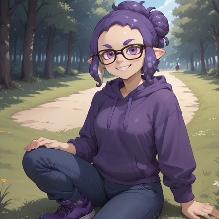 score_9, score_8, BREAK, solo, splatoon, inkling, female inkling, 1girl, tentacle hair, purple hair, single hair bun, purple eyes, glasses, cute, purple eyebrows, purple hoodie, purple jeans, purple shoes, breasts, Jeanette_Romero_(\OC_Inkling\), sexy pose, self portrait, smile, outdoors, sunlight, shadows, evening lighting, natural lighting, forest, trees, grass, orange sky, sunset, sitting, feet, soles
