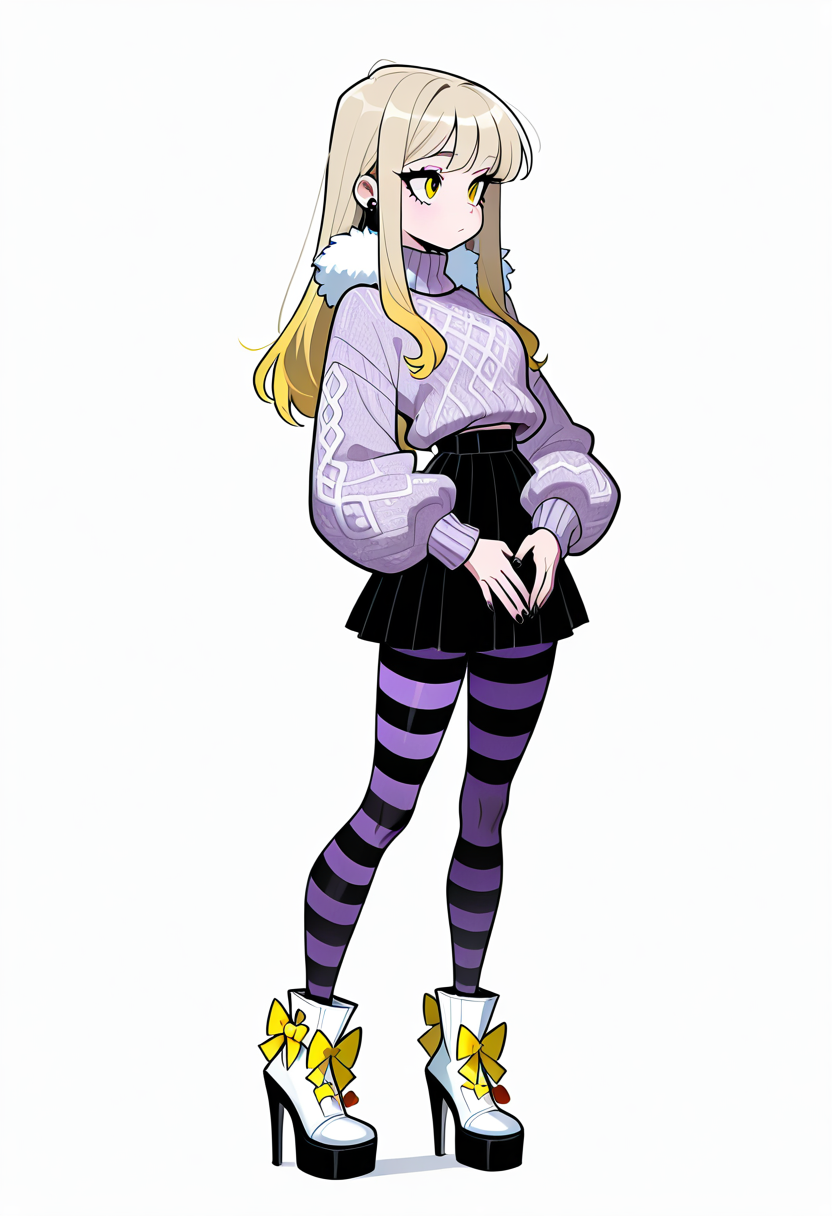 masterpiece, best quality, 1girl, solo, eyelashes, (beautiful eyes),    C0utur3Cr4z3, 1girl, solo, skirt, simple background, shirt, long sleeves, white background, bow, standing, full body, pantyhose, shoes, striped, black skirt, nail polish, high heels, sweater, fur trim, white footwear, own hands together, black nails, yellow bow, striped bow, striped pantyhose, footwear bow, purple pantyhose,   <lora:Style60_IXL:1.0>,
