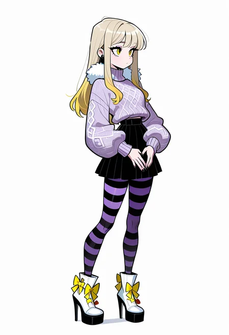 masterpiece, best quality, 1girl, solo, eyelashes, (beautiful eyes), C0utur3Cr4z3, 1girl, solo, skirt, simple background, shirt, long sleeves, white background, bow, standing, full body, pantyhose, shoes, striped, black skirt, nail polish, high heels, sweater, fur trim, white footwear, own hands together, black nails, yellow bow, striped bow, striped pantyhose, footwear bow, purple pantyhose, <lora:Style60_IXL:1.0>,