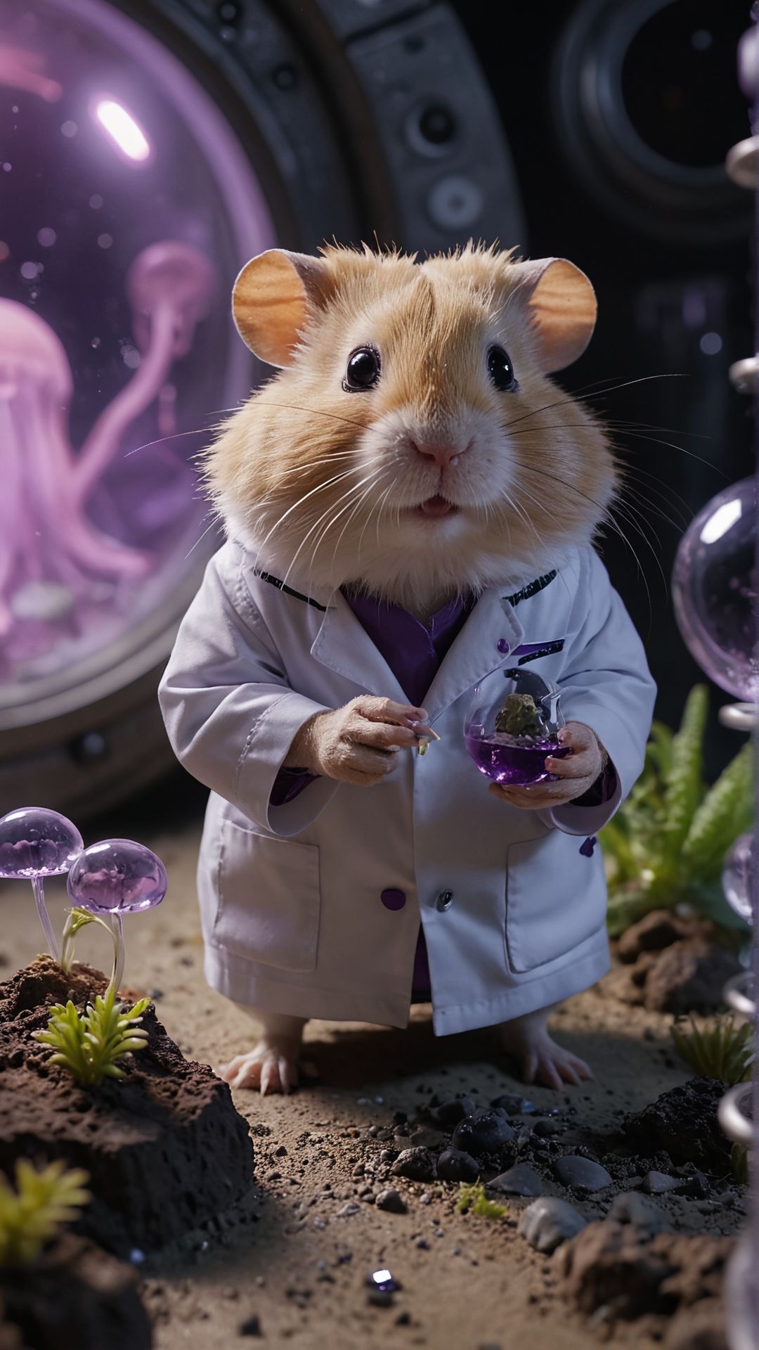 An astronaut exploring an alien planet with a purple sky, strange rock formations, and bioluminescent plants, encountering a friendly, jellyfish-like alien creature A mad scientist hamster in a tiny lab coat, conducting bizarre experiments with miniature beakers and test tubes in a secret lab hidden inside a hamster wheel
Ultra realistic, professional photo, uhd, 8k
<lora:add-detail-xl:1>
<lora:CinematicStyle_v1:0.7>
OverallDetailXL