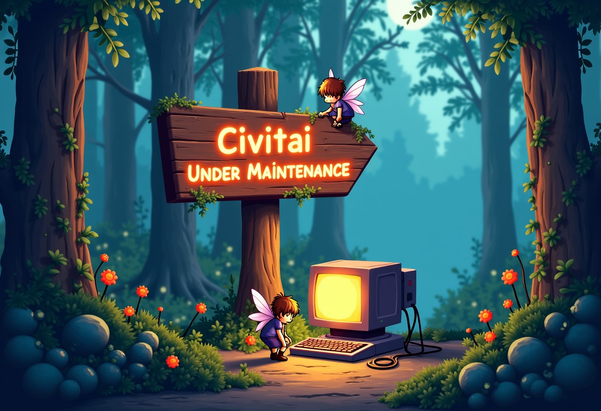 A whimsical signpost in a digital forest, reading 'Civitai Under Maintenance,' with pixelated fairies fixing gears and wires around a glowing computer.
