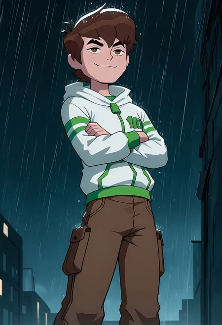 masterpiece, best quality, amazing quality, very aesthetic, absurdres, newest, 
benov, short hair, brown hair, 1boy, solo,,  thick eyebrows, brown cargo pants, green strips on clothes
, white hoodie, zipper, long sleeves
crossed arms, from belove, standing on building, gloomy night, heavy rain, smug,