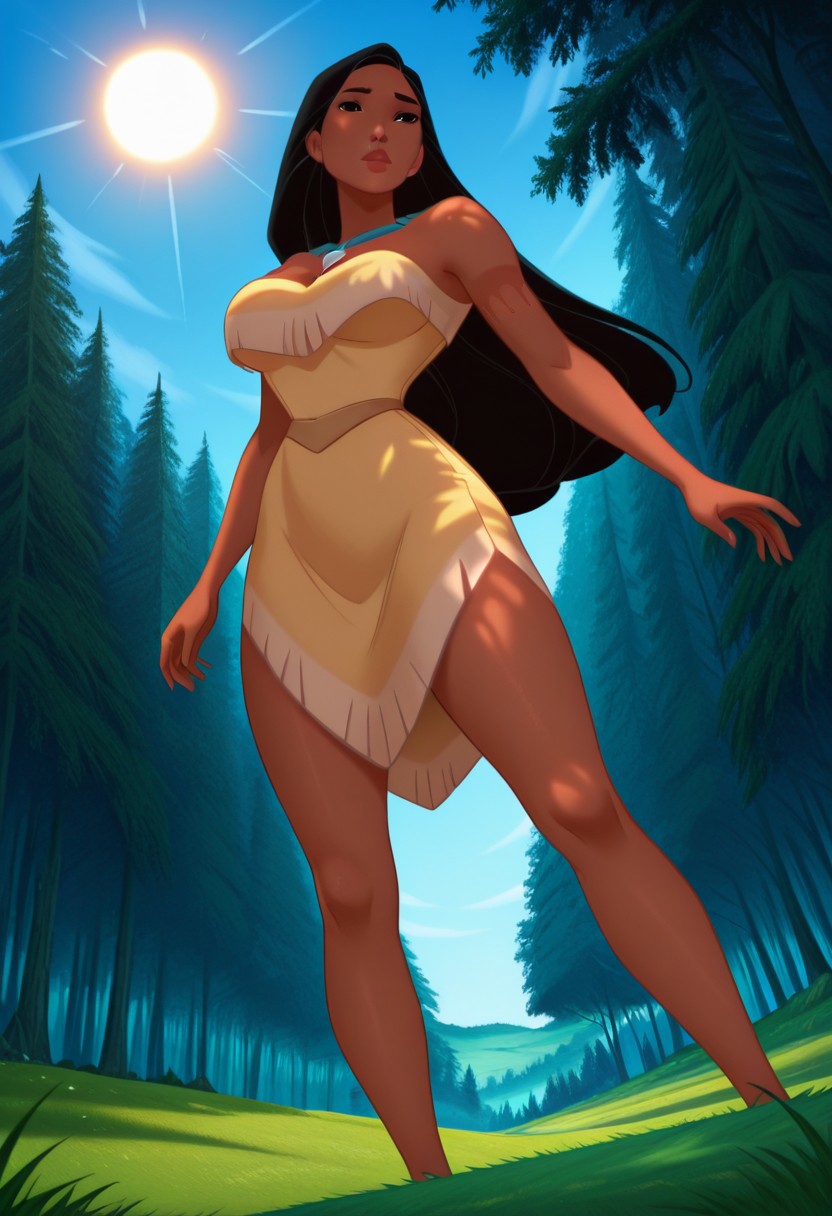 solo, Pocahontas, black eyes, black hair, long hair, dark-skinned female, yellow buckskin dress, blue necklace, large breasts, standing, close up, from below, Outdoors, forest, trees, sky blue, cluds, sun, grassland, green floor