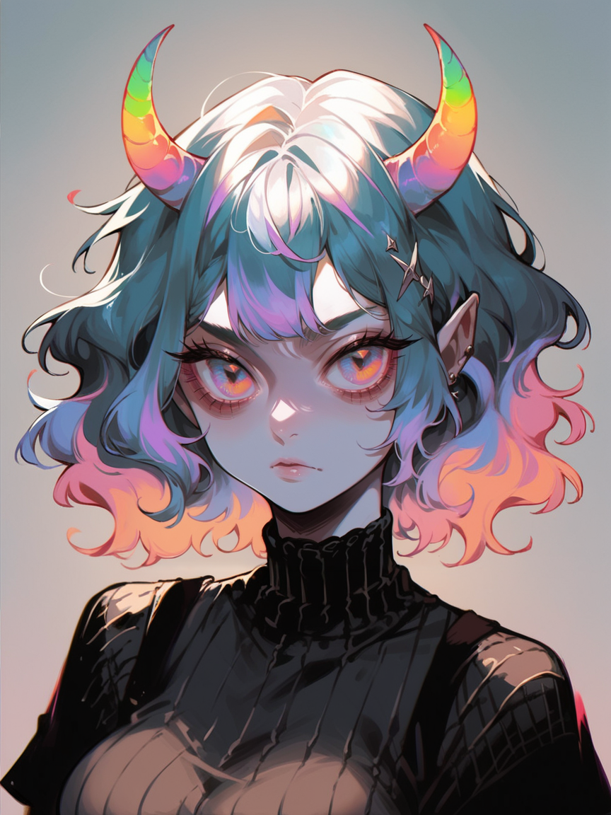 score_9, score_8_up, score_7_up, score_6_up, <lora:1r3gl1XLP:0.8> 1r3gl1, trippy, 1girl, multicolored hair, multicolored eyes, large breasts,