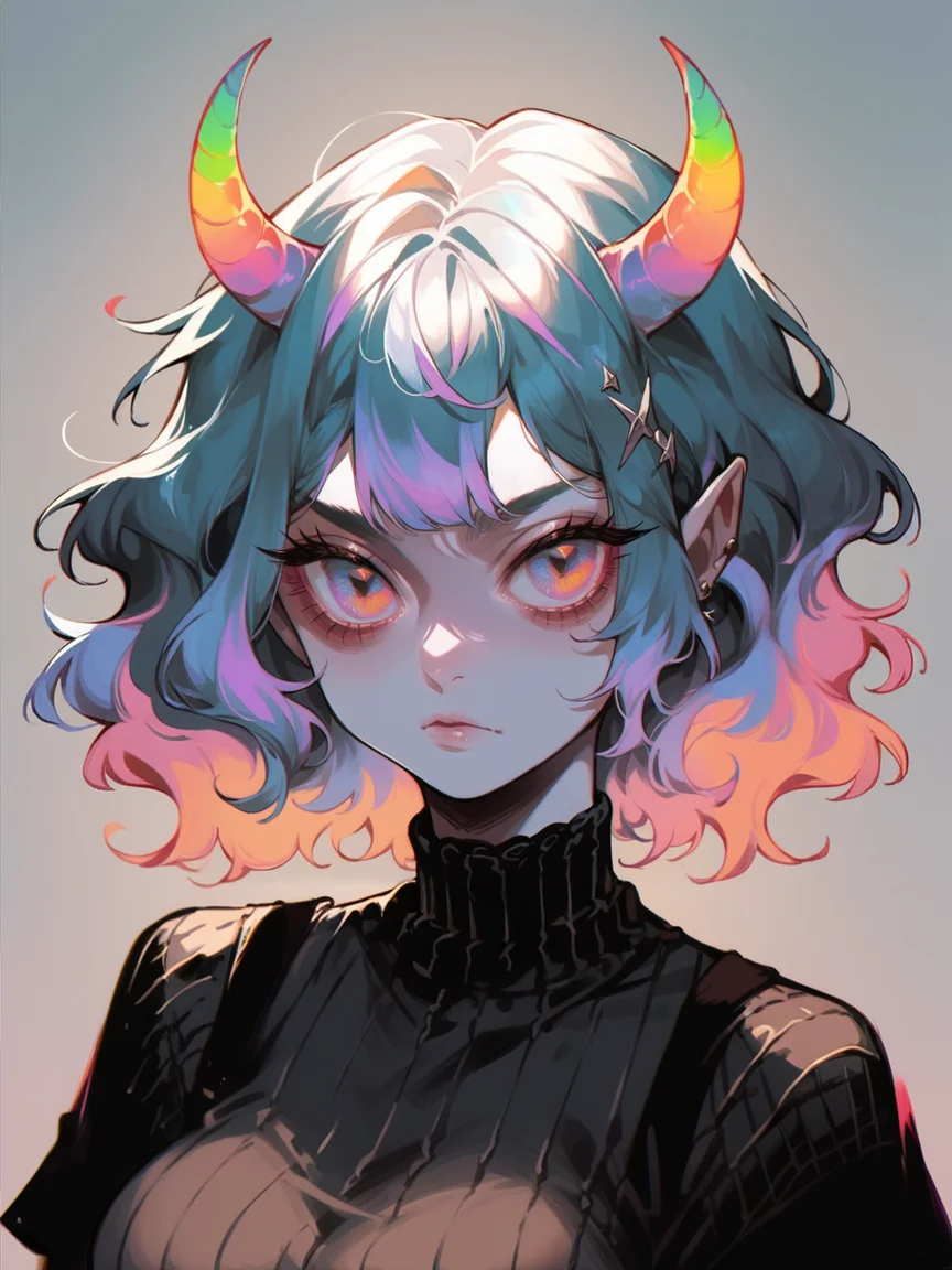 score_9, score_8_up, score_7_up, score_6_up, <lora:1r3gl1XLP:0.8> 1r3gl1, trippy, 1girl, multicolored hair, multicolored eyes, large breasts,