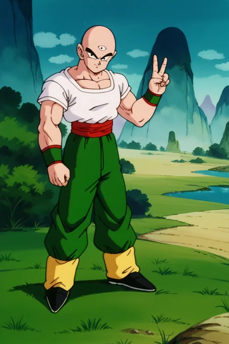 score_9, score_8_up, score_7_up,score_6_up, BREAK tien,1boy, solo, male focus, looking at viewer, bald, black eyes, muscular male, full body, white t-shirt, third eye, red sash, green wristband, standing, smirk,mount paozu, blue sky, cloud, grass,thin
mountain, cliff, bush,green pants, closed mouth,short sleeves,hand up, peace sign, retro artstyle,black flats, yellow leg warmers,river <lora:TienPonyV3:1> <lora:MountPaozuPony:1>