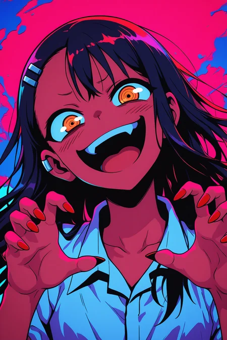 masterpiece, best quality, amazing quality, very aesthetic, absurdres, newest,  portrait, colorful, high contrast, glowing, vibrant colors, red, pink, blue, color splash, neon, backlight, looking at viewer, claw pose, uneven eyes, red nails, upper teeth, long pointed nails, smug, crazy laugh, fang, wind effect, floating hair, head tilt, <lora:g0thicILL:0.7> g0thic, neon, <lora:NagatoroIXL_v2:0.5> zzNagatoro,  white shirt, hairclip, earclip, <lora:NLSTN-IL:0.8> nlstn