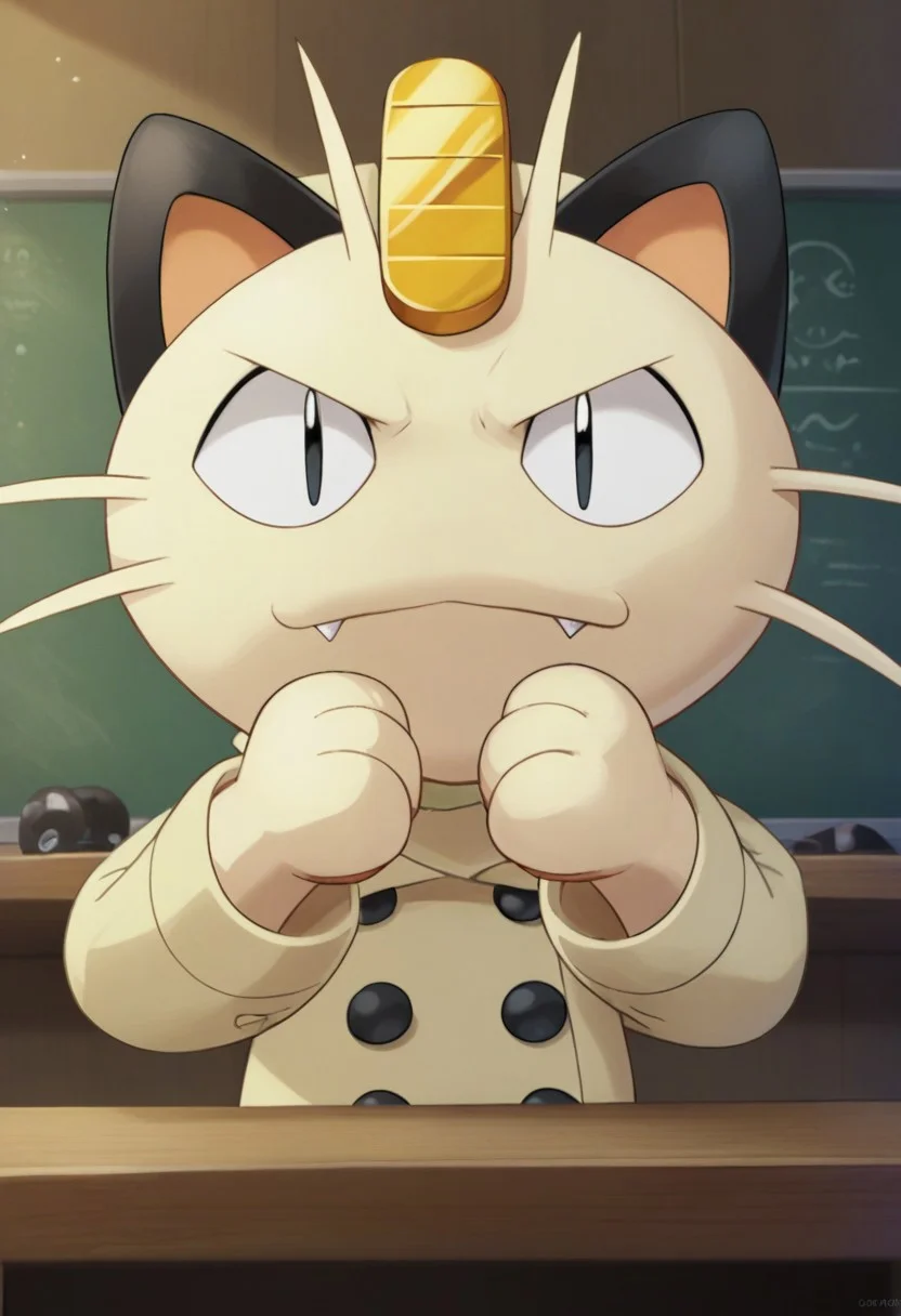 score_9, score_8_up, score_7_up, source_anime, solo, 1boy, sexy boy, zzMeowth, meowth (pokemon), fedora, pokemon (creature), femboy, serious expression, black eyes, fang, straight teeth, portrait, close up, looking at viewer, looking at viewer, sitting in office, sitting behind desk, hands on desk, crossed hands, serious setting, legs apart, Jedotc, Oversized Trench Coat, trenchcoat, closed trenchcoat, cropped torso, buttons, coat, jacket, shirt