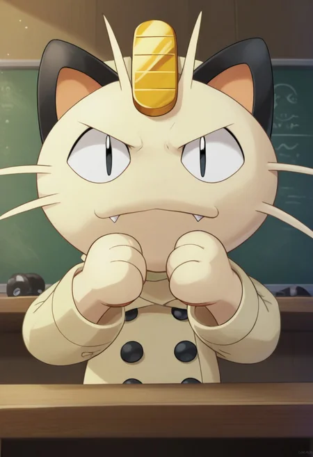 score_9, score_8_up, score_7_up, source_anime, solo, 1boy, sexy boy, zzMeowth, meowth (pokemon), fedora, pokemon (creature), femboy, serious expression, black eyes, fang, straight teeth, portrait, close up, looking at viewer, looking at viewer, sitting in office, sitting behind desk, hands on desk, crossed hands, serious setting, legs apart, Jedotc, Oversized Trench Coat, trenchcoat, closed trenchcoat, cropped torso, buttons, coat, jacket, shirt