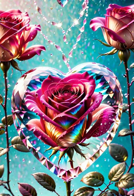Studio quality, highly detailed, high resolution, smooth crystal heart, glass rose, pink and champagne, shimmering, sparkling, magical glow
