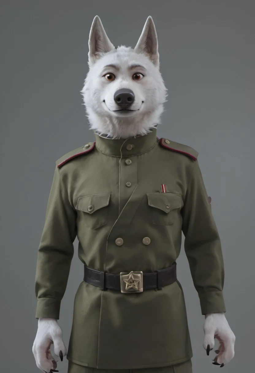 core_9, score_8_up, score_7_up, score_6_up, score_5_up, score_4_up, detailed fur, detailed face, Gary, Wolf, Timberwolf, brown eyes, White fur,gary, claws, big chin, anthro wolf,tail, white fur, solo,dressed,in soviet, military uniform,everyday jacket, khaki breeches,overcoat,belt on the waist, boots ussr,1boy, shrugging,smile with his wolf cubs,close to the camera, antro wolf, white tail, bearniful eyes.