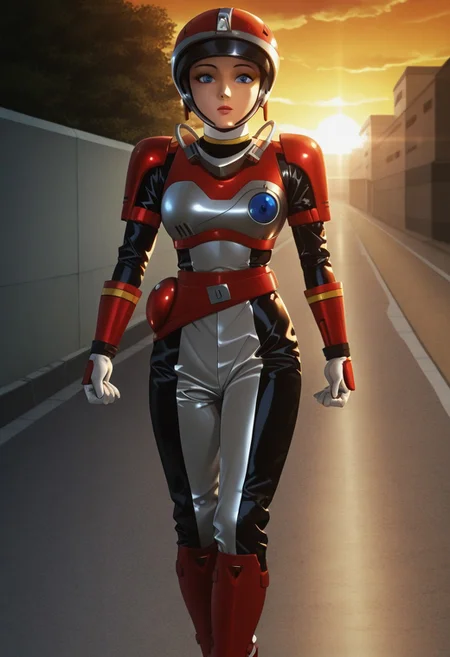 anime screencap, anime coloring,
solo, 1girl, cowboy shot , eyes,
1girl, solo, female focus, tokusatsu, helmet, eyes, uncovered face, open mask, mouth, mask, connected pipeline, armor, shoulder armor, gloves, bodysuit, belt, red pouch, leg guard, shoes,
outdoors, road, sunset, dramatic lighting, V_sign hand
<lora:DetailedPerfect_hands_r1> <lora:coveredneck_v1-000006>