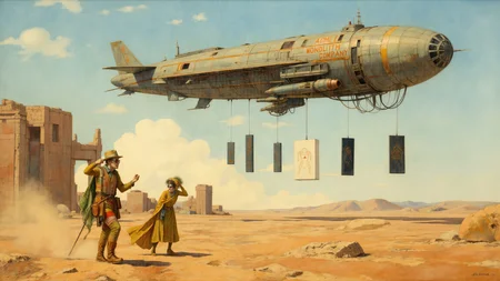 A long intricate spaceship is hovering high over a vast alien ruin, at noon. Hanging from thin cables beneath the spaceship is a series of black monoliths and one white monolith, each inscribed with faint scarlet geometric symbols. The text "Acme Monolith Company" is painted on the side of the spaceship. The light on this alien world is harsh and unforgiving: lit areas are leached of colour, and shadowed areas are very dark. On the ground, a plump angry succubus, dressed in colourful explorer outfit with mirror sunglasses and a long cloak, is waving her fists at the spaceship. Her long cloak flaps and billows in the strong wind. Fine dust whirls in the air. There is a sense of mystery, antiquity and heat. The textures of the ground, the monoliths and the spaceship provide intricate details. <lora:Former_Splendor:0.3> <lora:Paper_Marbling_Flux:0.5> <lora:midjourney_whisper_chromaplex_v1:0.3> <lora:Hand v2:1> <lora:Kaoru-Yamada_v17-000054:0.6>