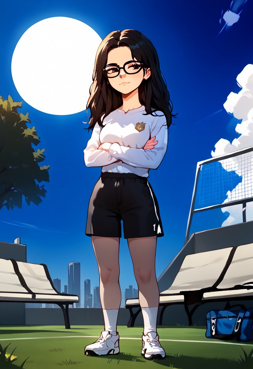 score_9, score_8_up, score_7_up, score_6_up, score_5_up, source_anime, Expressiveh
SBKassandra , 1girl, solo, black hair, long hair, glasses, black-framed eyewear
BREAK, white shirt, white sneakers, black shorts, smug, arms crossed, arms spread, standing, white socks, frown, 
soccer field, grass, goal net, sunlight, sun, clouds, day, ourdoors, crowds, benches, trees, cityscape