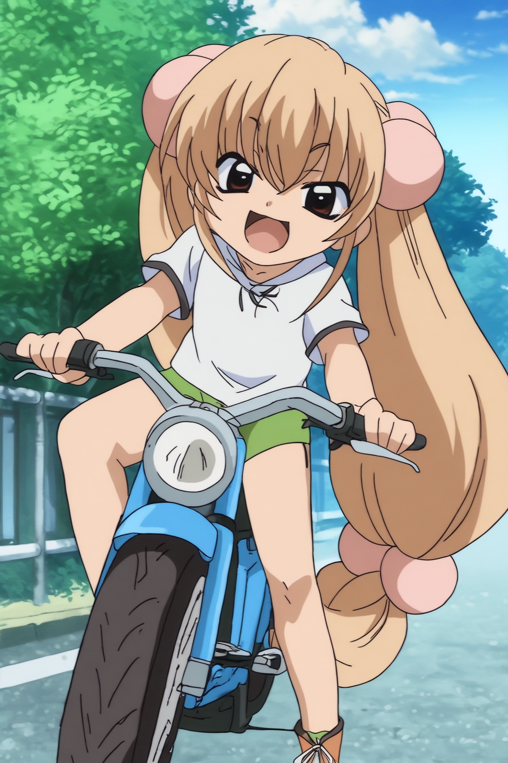 masterpiece, ultra detailed background, 1girl, Kokonoe Rin, happy, riding motorcycle <lora:Kodomo_no_Jikan-Kokonoe_Rin-Illustrious_XL adafactor:0.8>