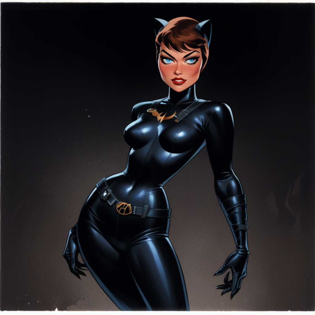 score_9, score_8_up, score_7_up,score_6_up, artist style:Urushihara Satoshi, source_hentai, source_anime, masterpiece, 2D, catwoman, selina_kyle, bruce_timm, pinup_(style), T1mmStyl3,  BREAK, selina_kyle,, solo, 1woman, brown hair, blue eyes, catsuit, leather, skintight, black_bodysuit, pinup,