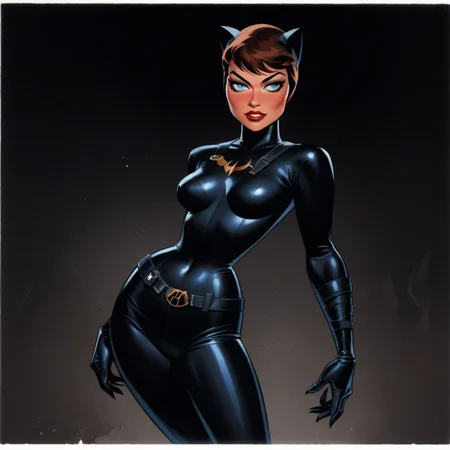 score_9, score_8_up, score_7_up,score_6_up, artist style:Urushihara Satoshi, source_hentai, source_anime, masterpiece, 2D, catwoman, selina_kyle, bruce_timm, pinup_(style), T1mmStyl3,  BREAK, selina_kyle,, solo, 1woman, brown hair, blue eyes, catsuit, leather, skintight, black_bodysuit, pinup,