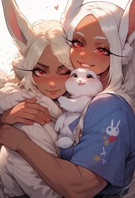 score_9, score_8_up, score_7_up, score_6_up, <lora:p3tl0v3XLP:1> p3tl0v3, 1girl, rumi usagiyama, dark skinned female, hugging white rabbits, rabbit on shoulder,